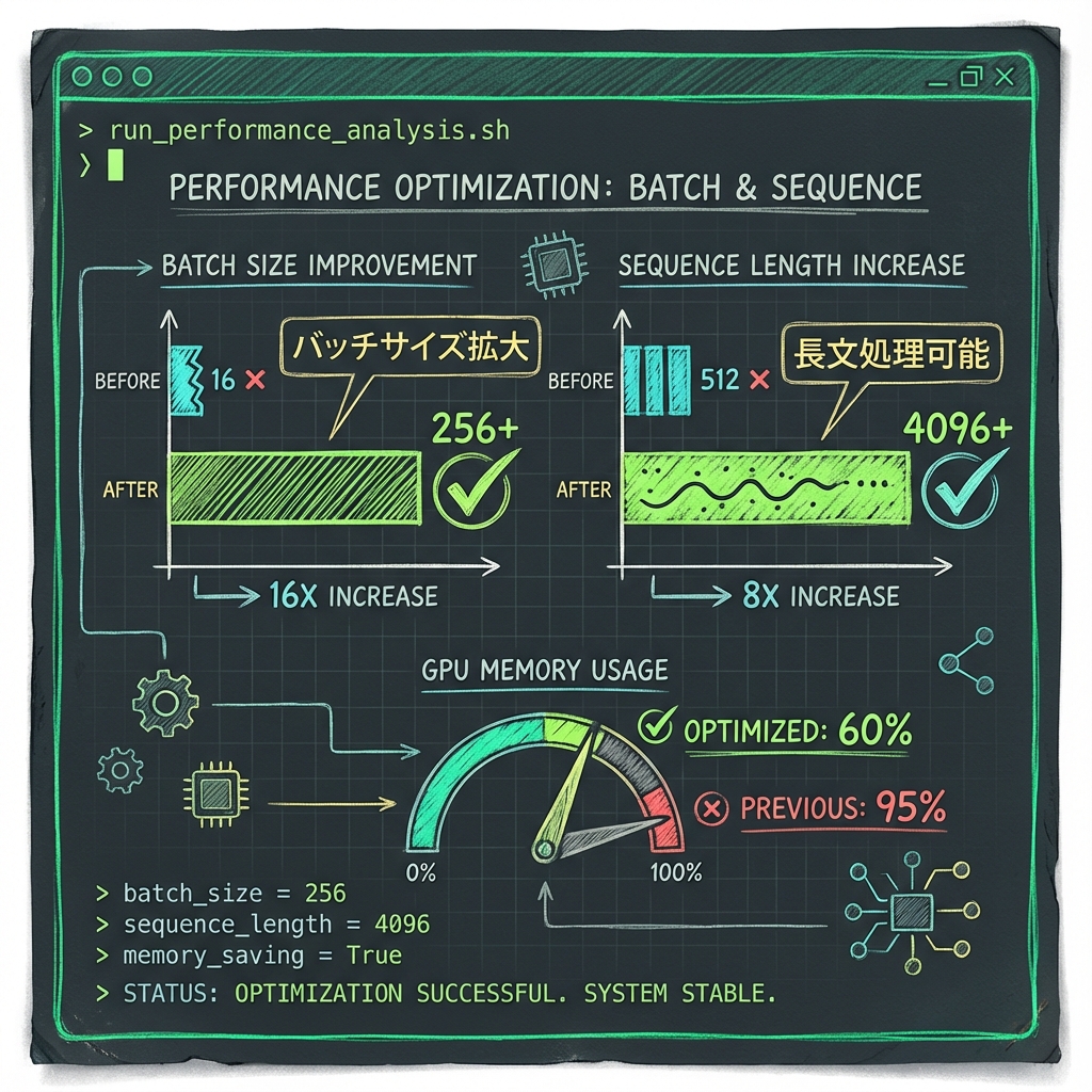 バッチサイズ拡大と長文処理の改善