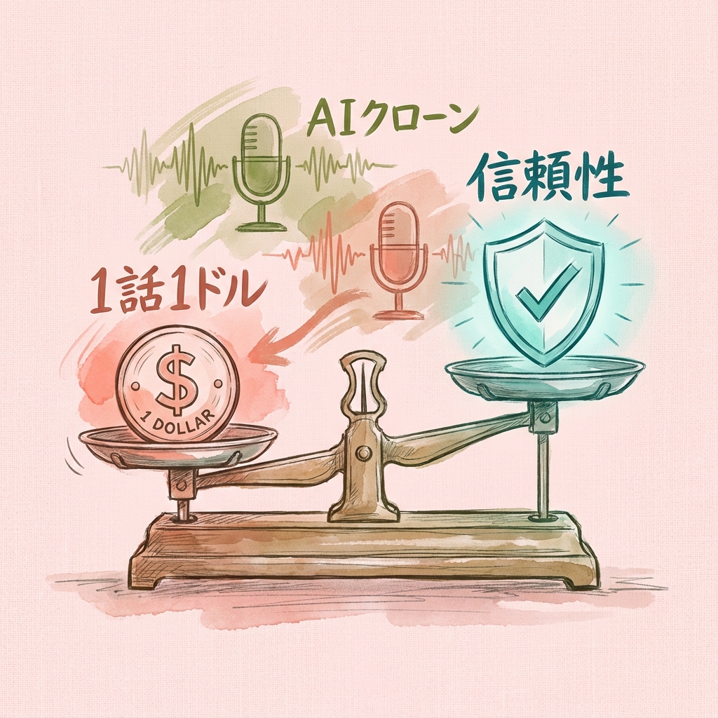 1話1ドルのコストと信頼性のトレードオフを示す天秤図