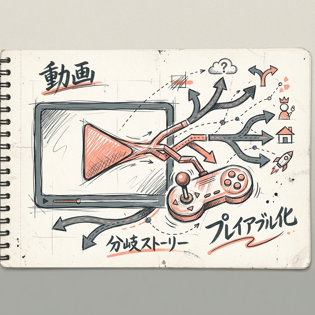 動画が分岐ストーリーやプレイアブル化される概念を示す図解
