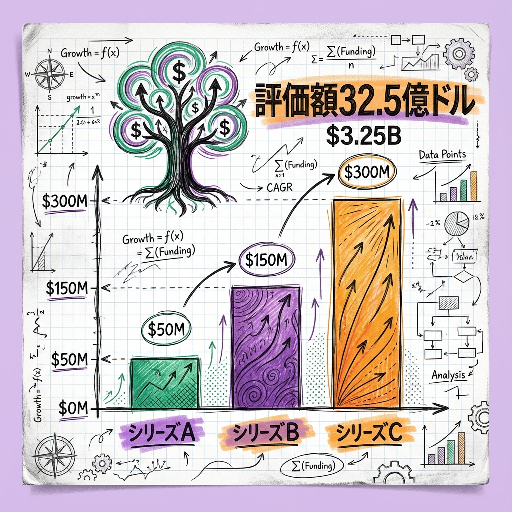 シリーズA・Bと資金調達の成長を示すチャート。評価額32.5億ドルに到達