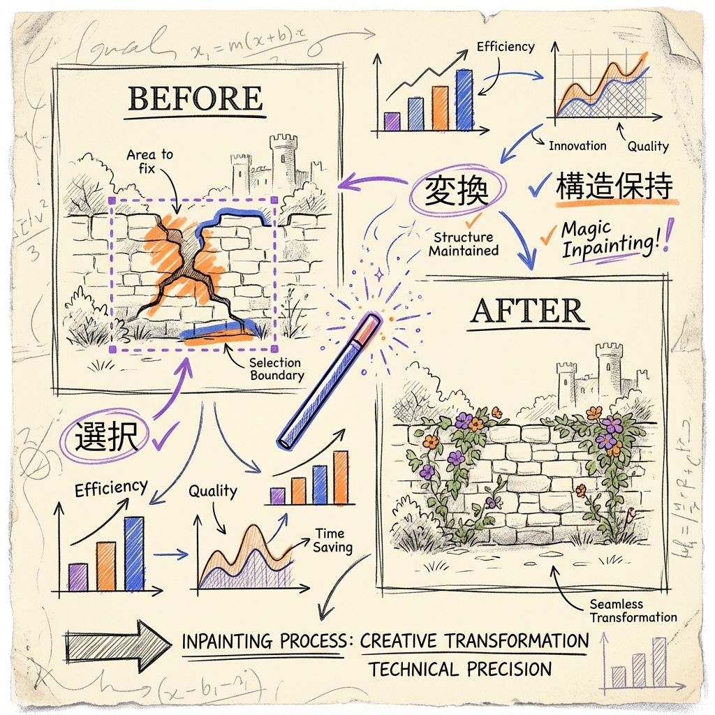 選択領域を構造保持しながら変換するインペイント概念の図解