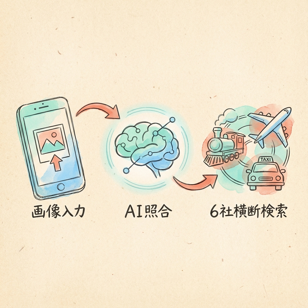 画像入力からAI照合、6社横断検索への流れを示すプロセス図